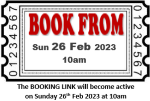 book online from Sunday twenty sixth february twenty twenty three at ten a m