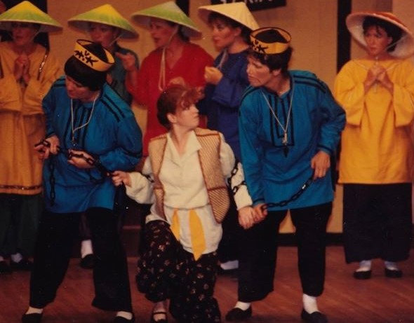 Sherry Barnes and Jinx Atherton Ping and Pong the Chinese Policemen with Belinda Weir as the Panda.and Rebecca Hutchins as Aladdin